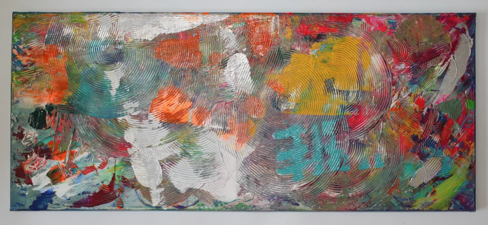 Breites abstraktes Acrylbild mit kreisförmigen Strukturen und Flächen in Türkis, Rot, Orange, Gelb und Weiß.